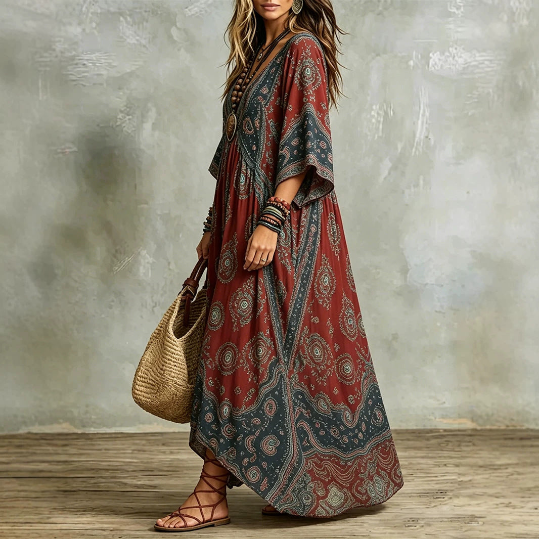 Women's Retro Three-quarter Sleeve Printed Loose Temperament Dress