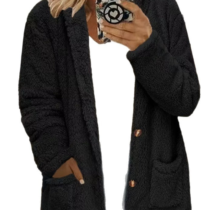 Women's Fur Hooded Loose Knitted Button Pocket Cardigans