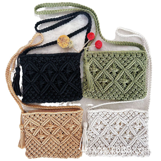 Women's Retro Handmade Vacation Beach Cotton String Long Shoulder Bags