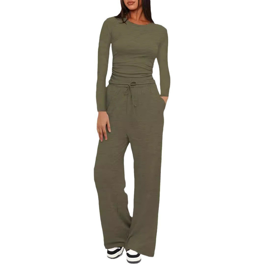 Solid Color Long Sleeves Outfit High Waist Wide Tops