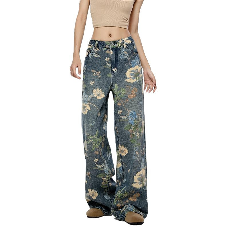 Women's & Men's & American High Street Floral Printed Jeans