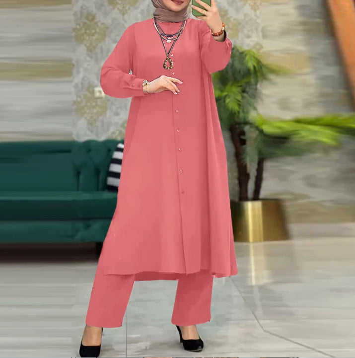 Women's Muslim Two-piece Solid Color Long Sleeve Suits