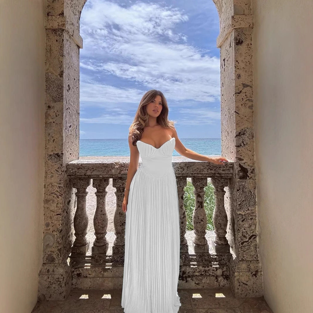 Women's Summer Elegant Pleated Dress Tube Long Dresses