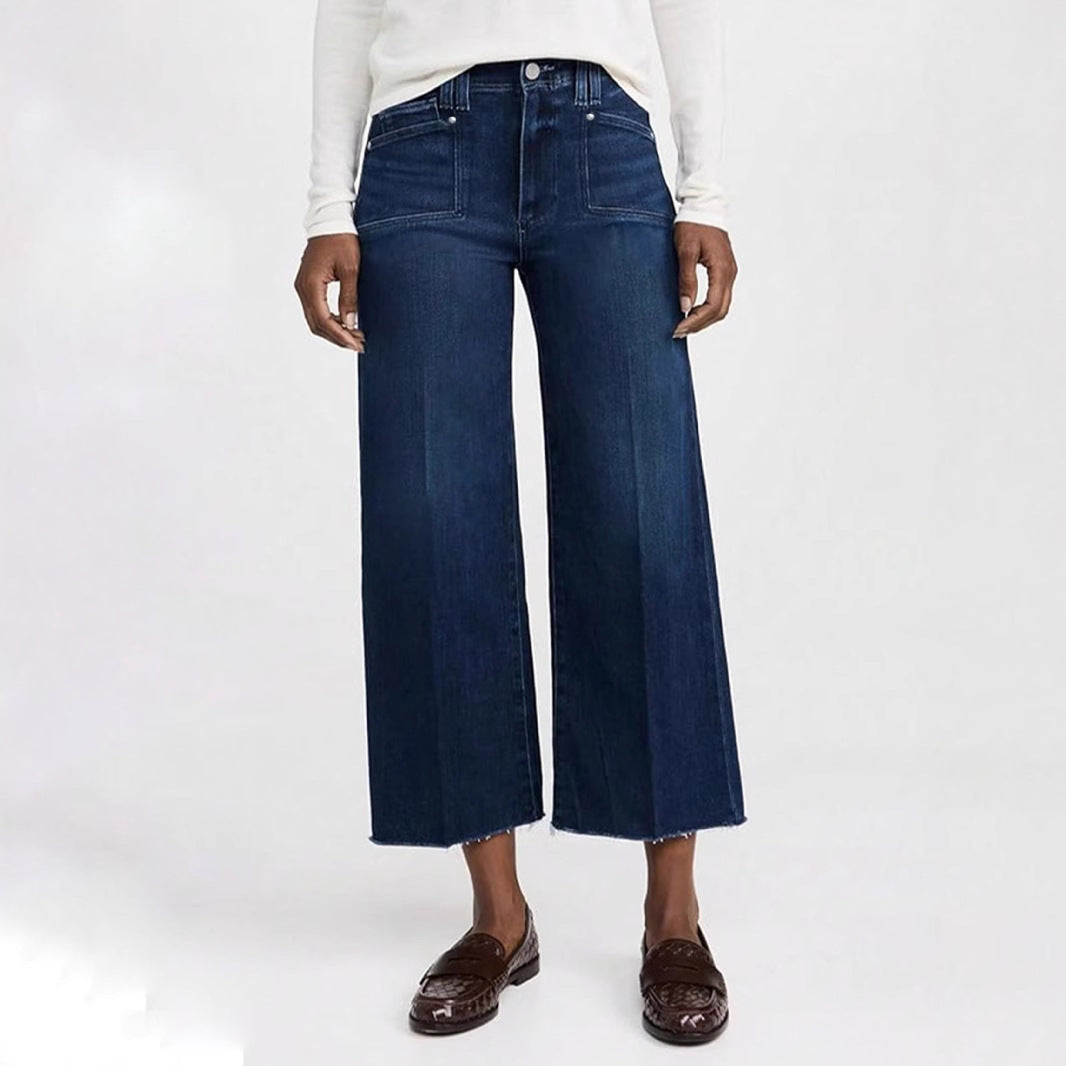 Women's Denim Cropped Straight Wide Leg Flat Pants