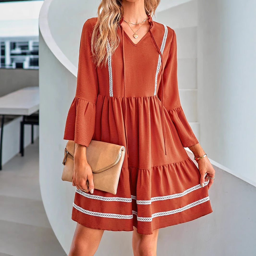 Women's Simple Casual Pleated Short-sleeved Hooded Lace Dress