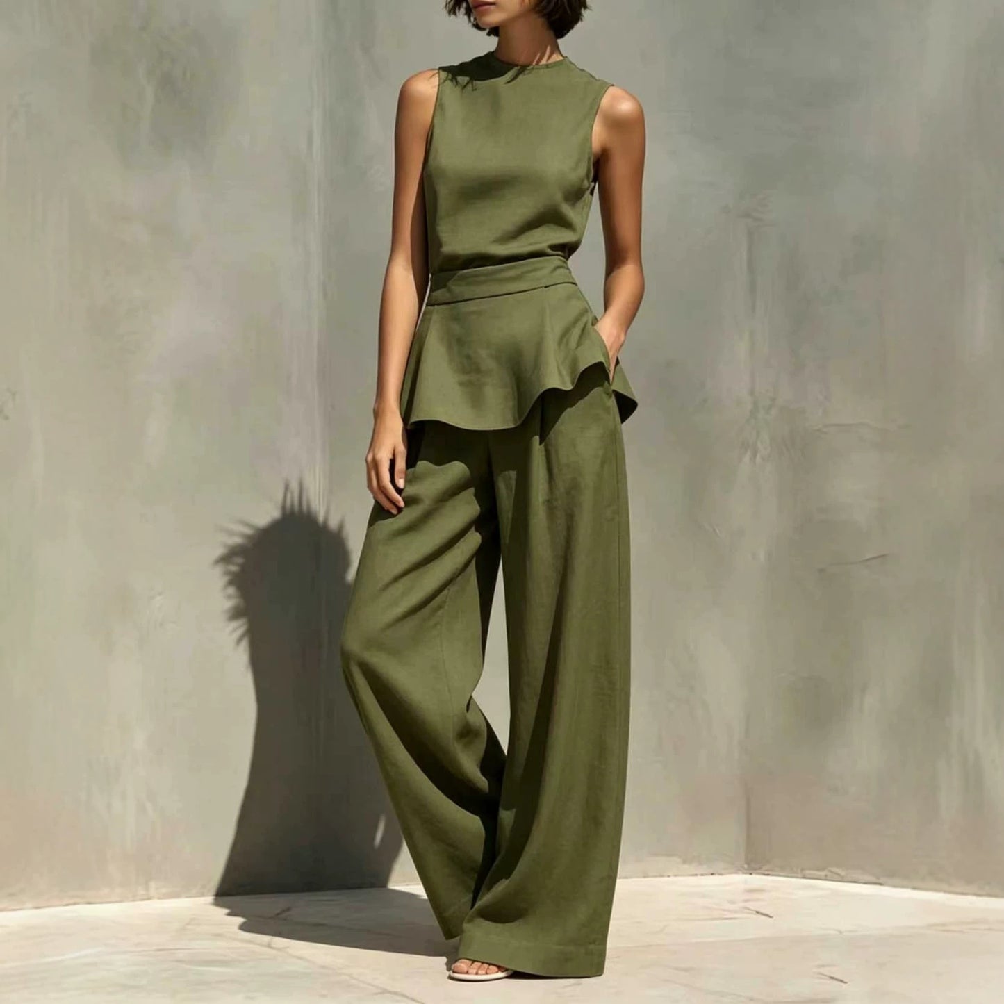 Women's Sleeveless Waistcoat Cotton Linen Two-piece Fashion Casual Suit