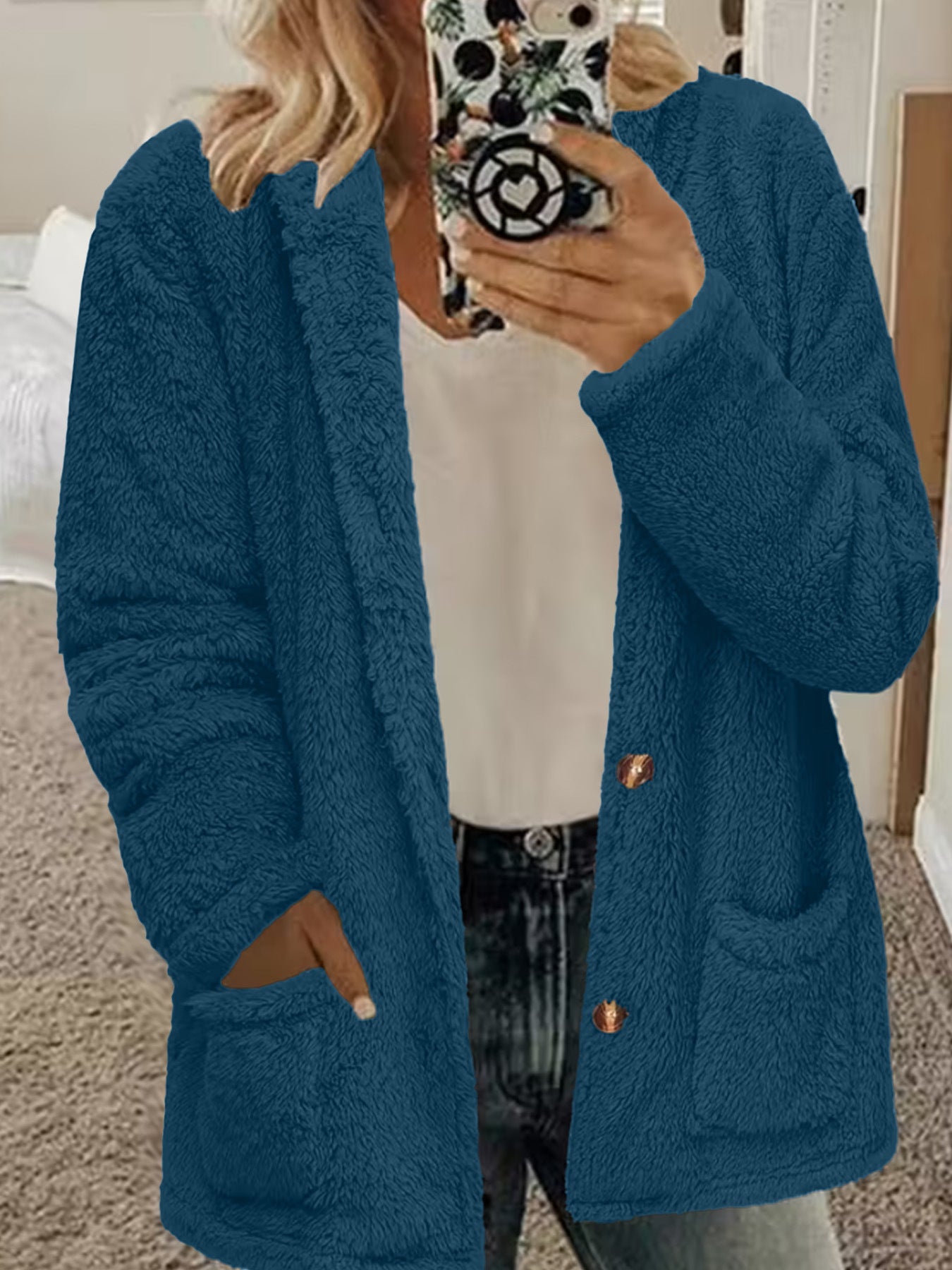 Women's Fur Hooded Loose Knitted Button Pocket Cardigans