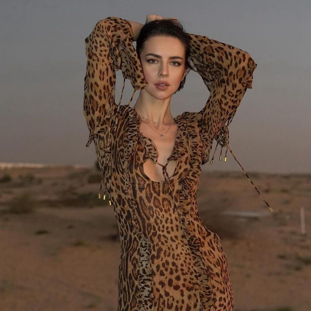 Chiffon Sexy Leopard Print Dress Ruffled Front Slit Skirts