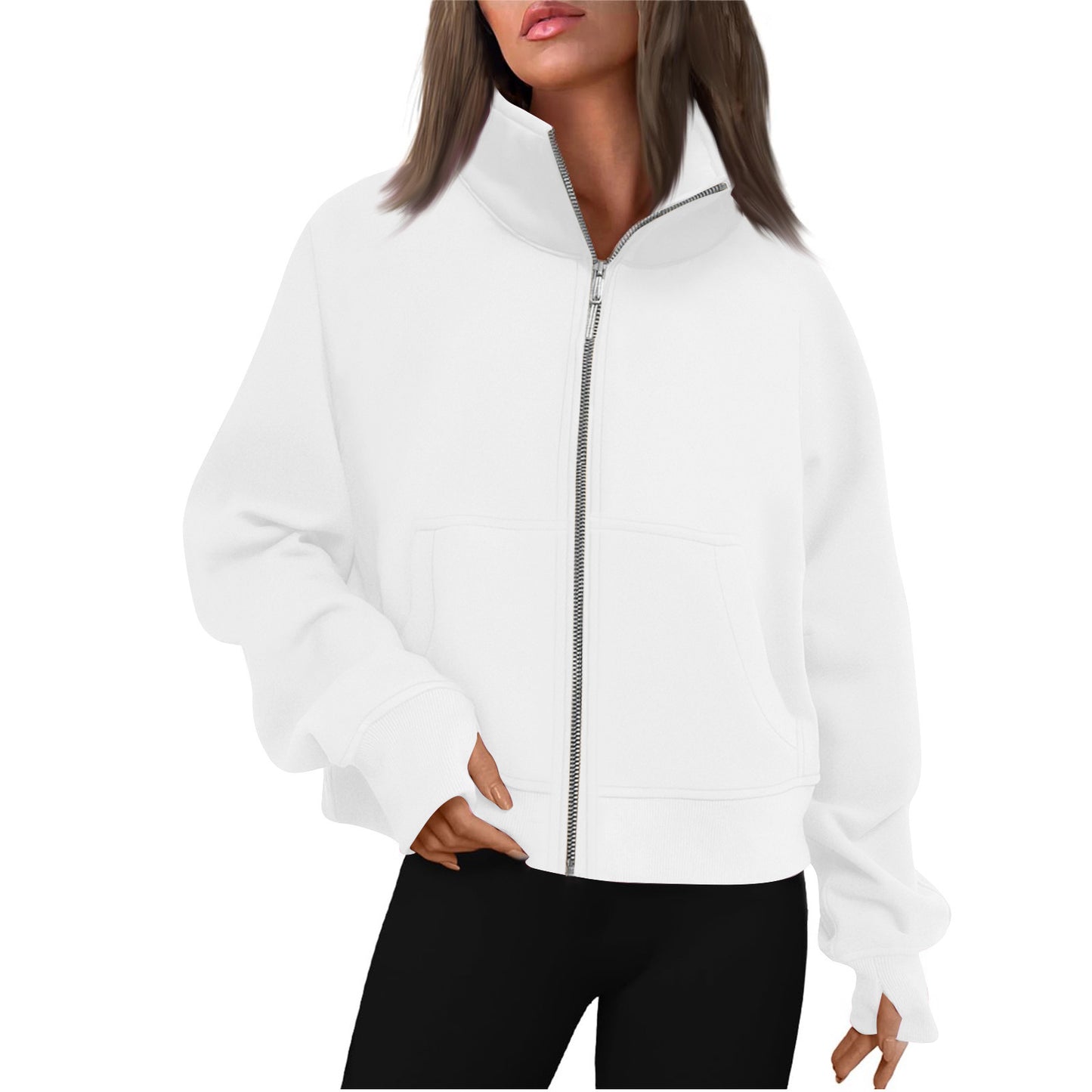 Women's Long Zipper Stand Collar Thumb Hole Brushed Women's Sweater, Sweater