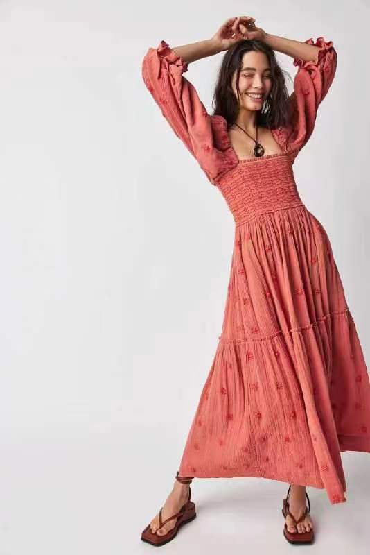 Autumn Casual Bell Sleeve Smocking Embroidered Square Dresses