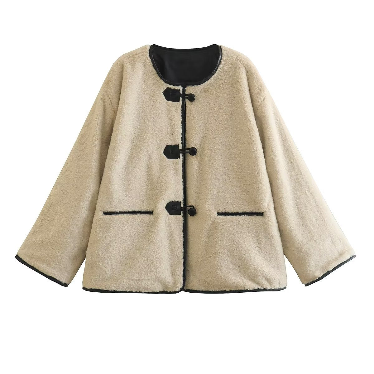 Women's Single-breasted Round Neck Solid Color Imitation Leather Coats