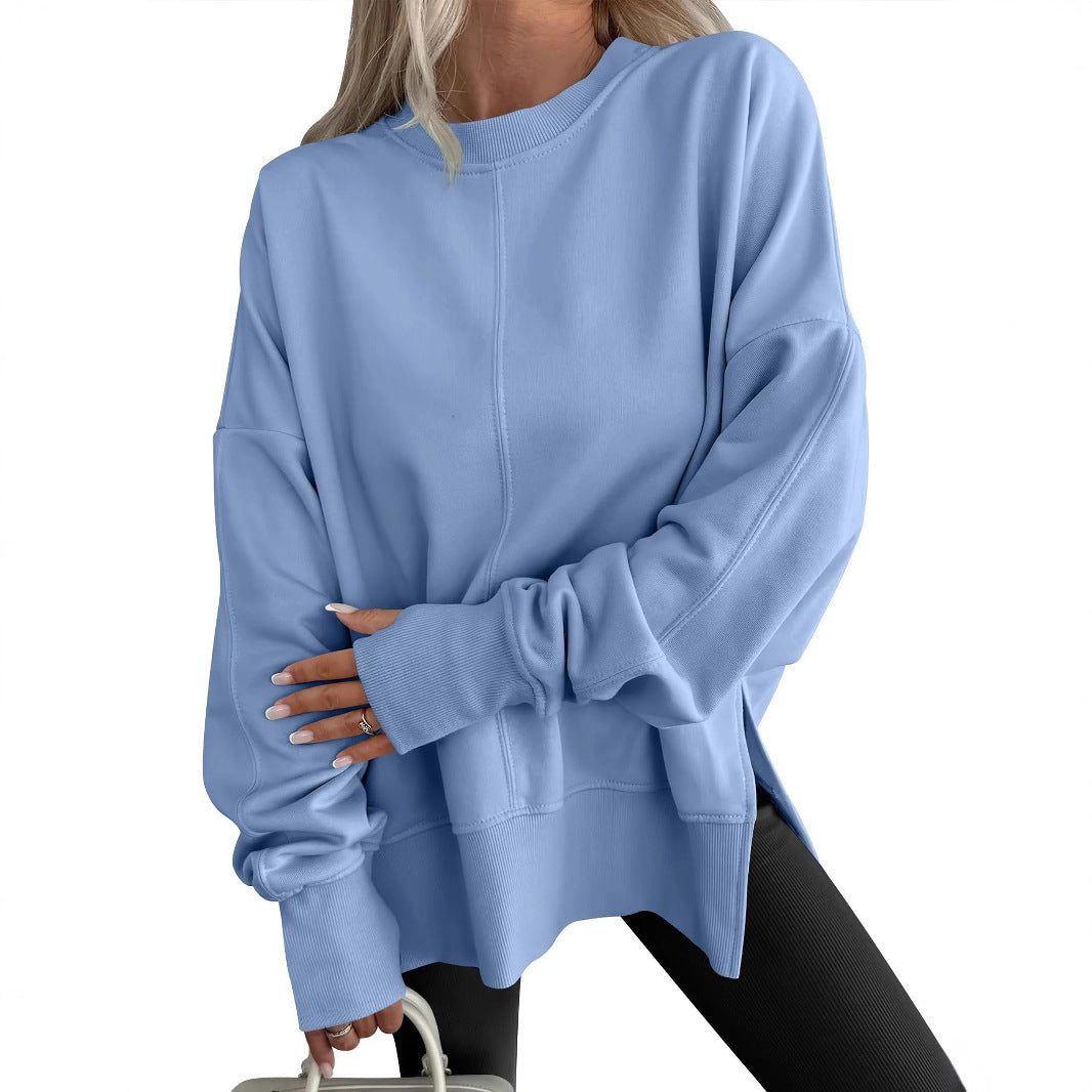 Loose Side Slit Patchwork Round Neck Bat Sleeve Sweaters