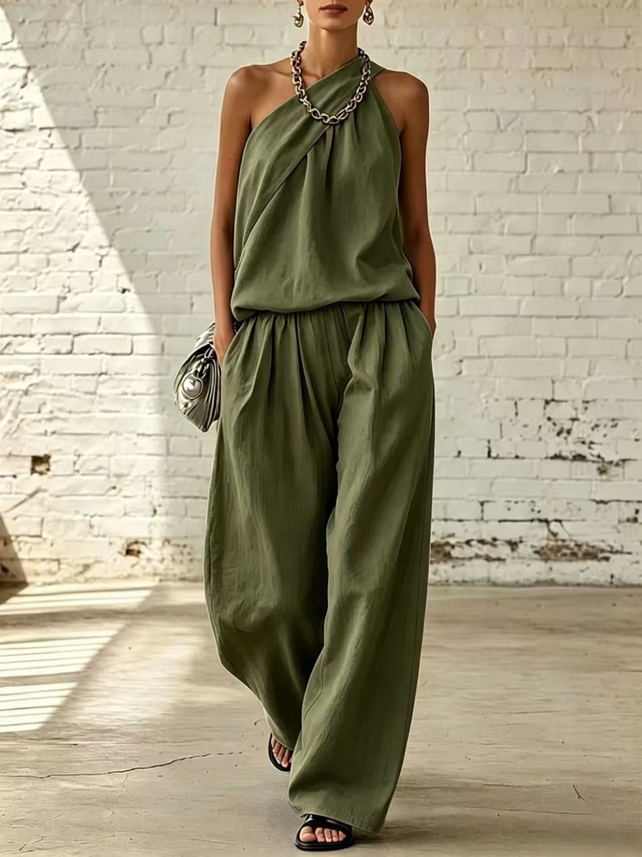 Linen Sleeveless Cold-shoulder Solid Color Wide Fashion Casual Suit