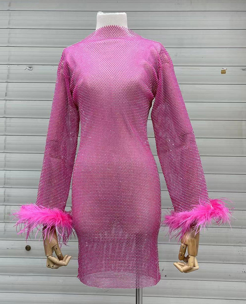 Fashion Luxury Hollow Mesh Ostrich Feather Slimming Bottoming Dresses