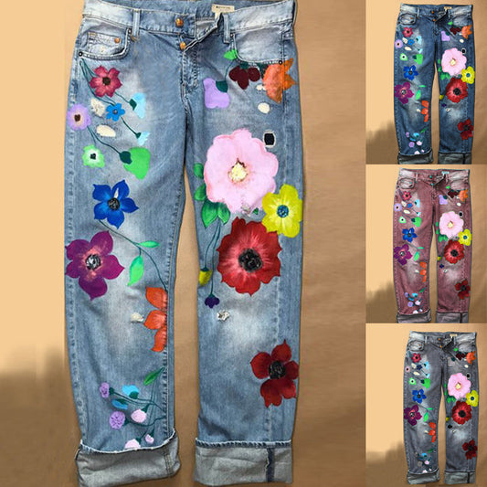 Women's Fashion Printed Denim Trousers Half-length Jeans