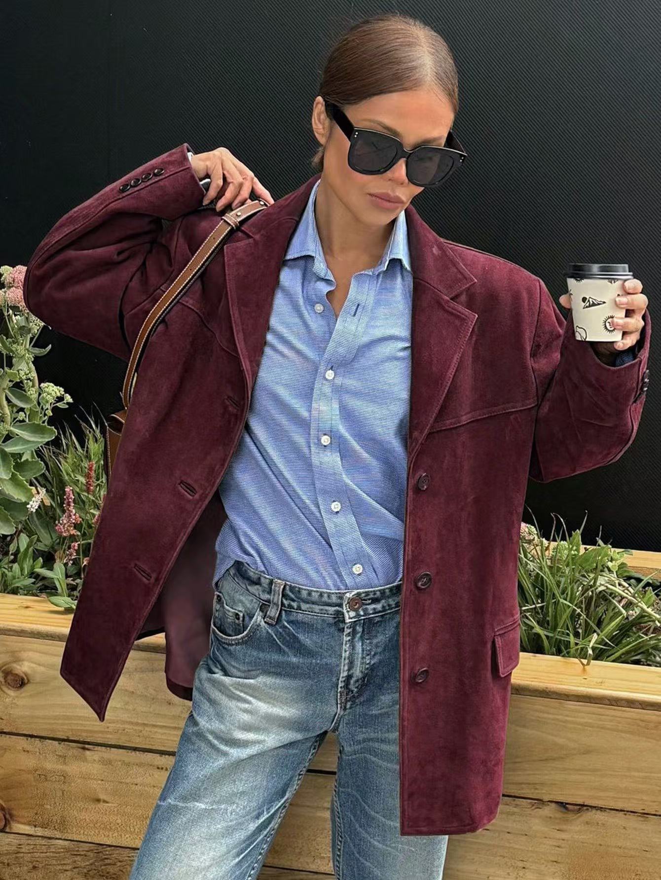 Durable Red Suede Retro Loose Lapels Jackets