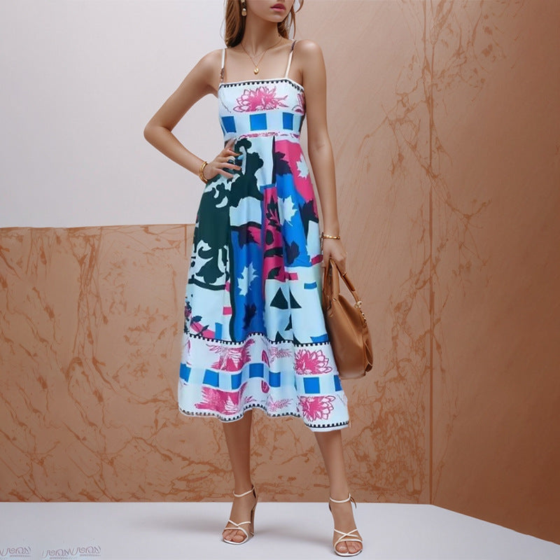 Women's Elegant Painted Print Large Swing Strap High Dress
