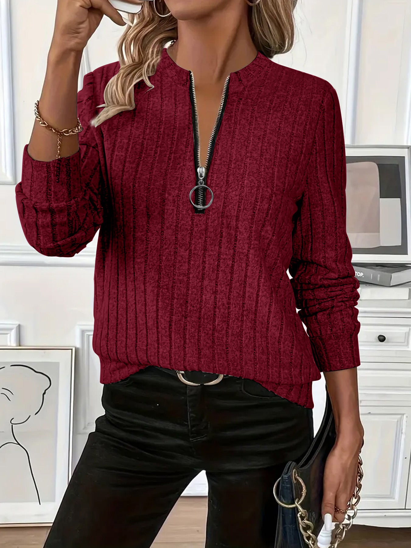 Women's Knitted Sunken Stripe Solid Color Fabric Women's Sweater, Sweater