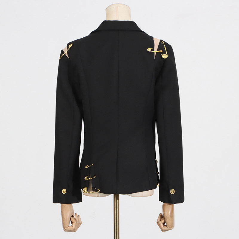 Women's Mesh Stitching Decorative Pin Long Sleeve Slim Fit Blazers