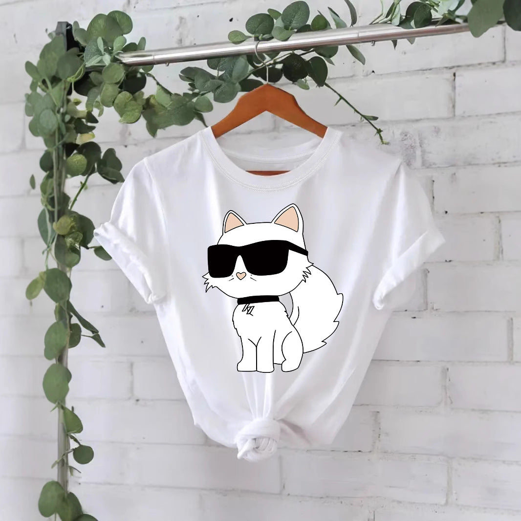 Casual Sleeve Female White Sunglasses Cat Summer Round Neck Women's T-shirt