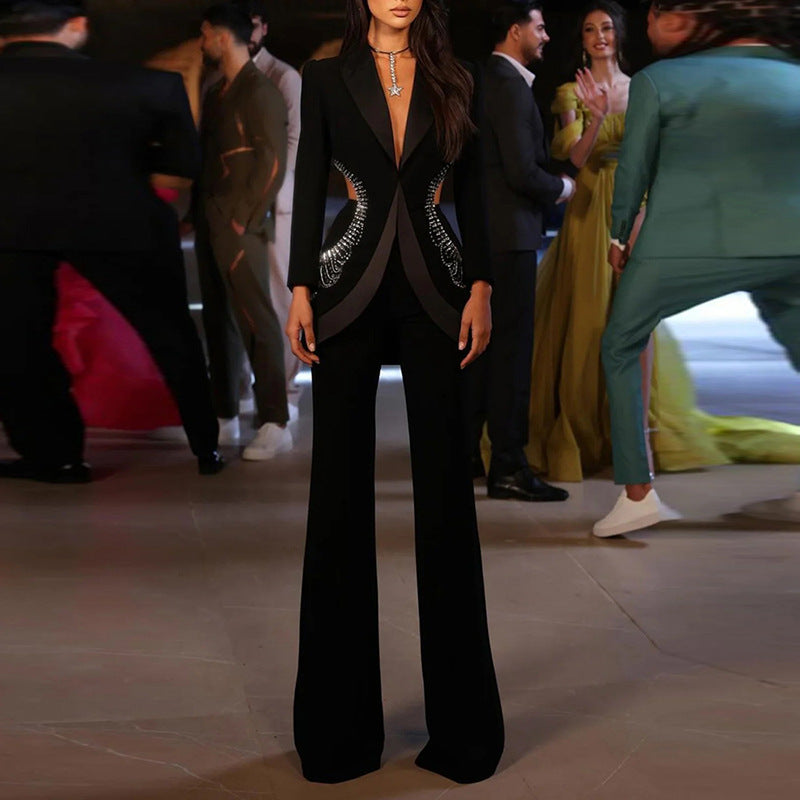 Summer Personality Hollow Out Rhinestone Trousers Fashion Casual Suit