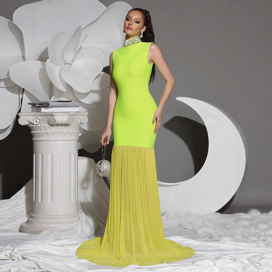 Women's Bandage Mesh Stitching Long Dress Diamond Turtleneck Dresses
