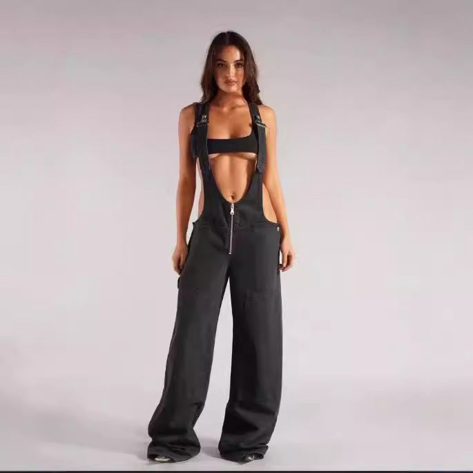 Women's Sexy Suspender Solid Color Sleeveless Sling Denim Zipper Jumpsuits