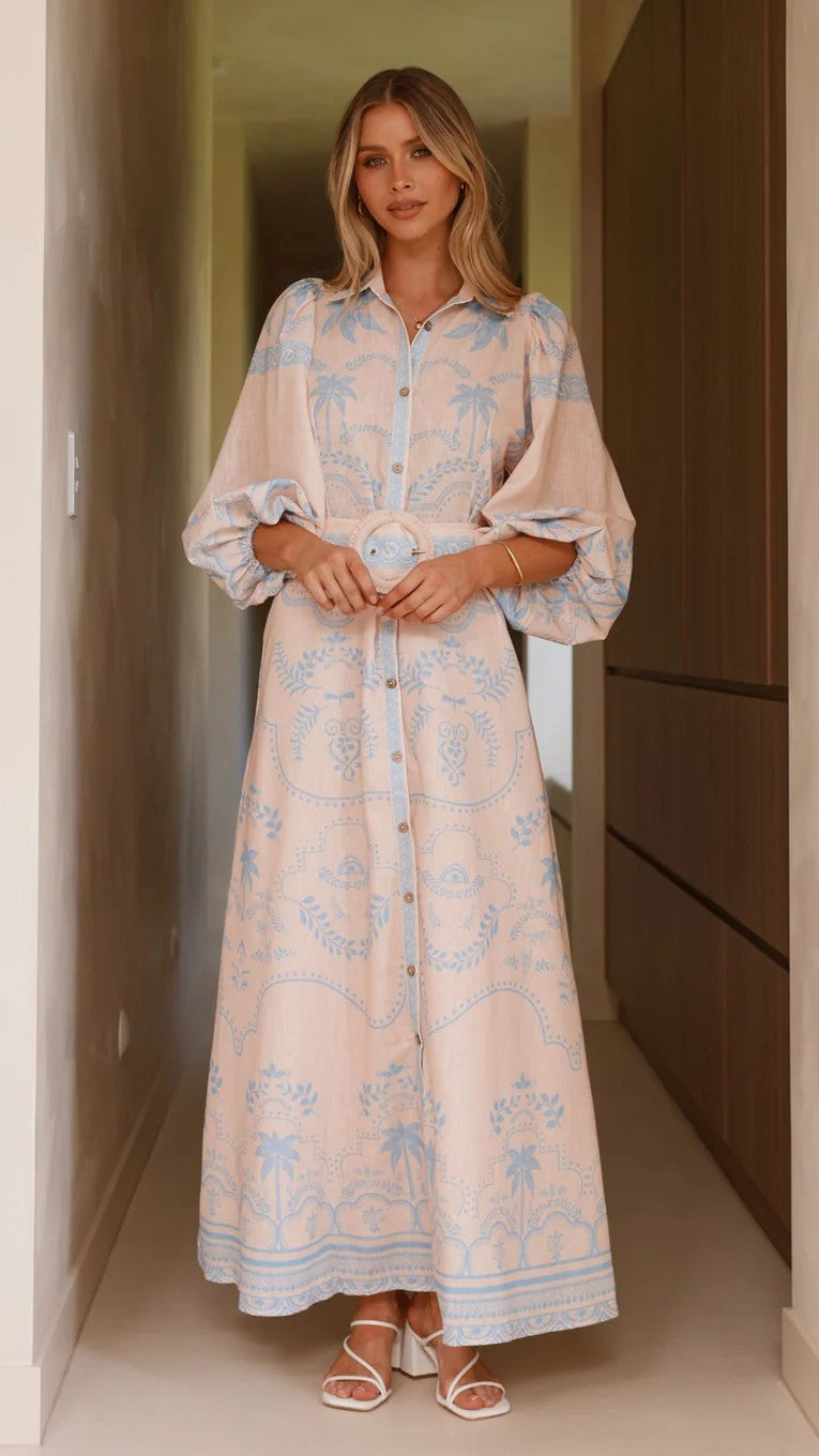 Linen Loose Casual Belt Waist Puff Dresses