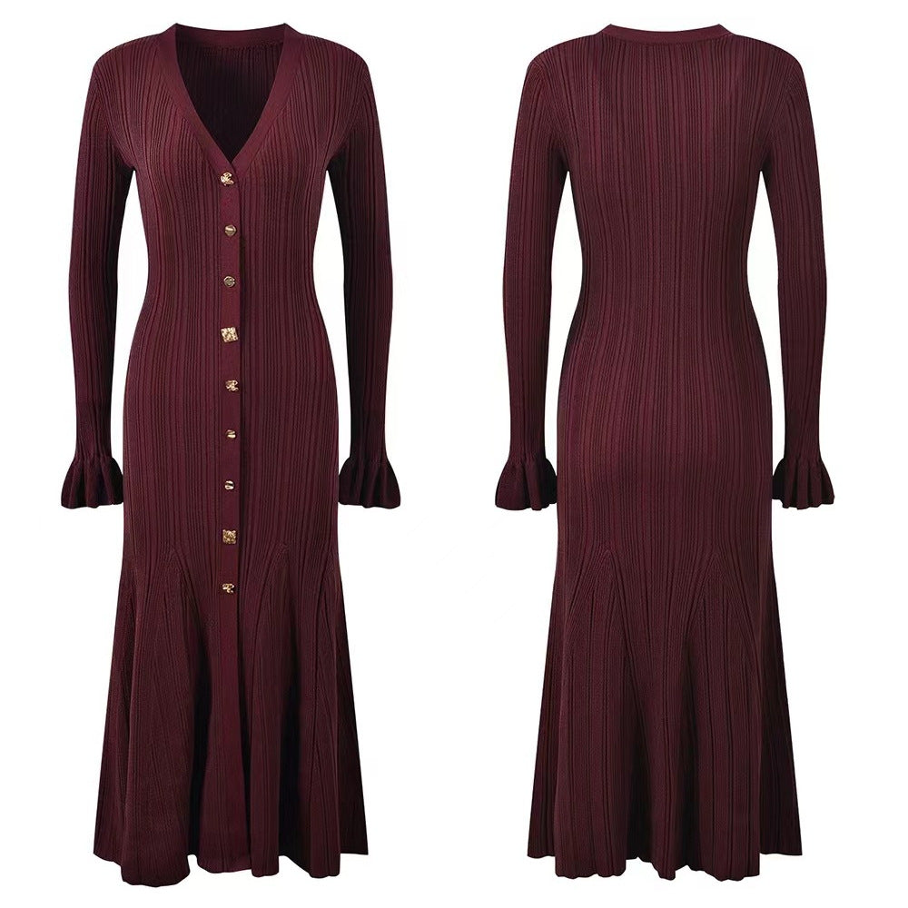 Thin Glittering Line V Single-breasted Flared Dresses