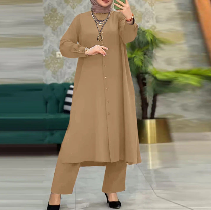 Women's Muslim Two-piece Solid Color Long Sleeve Suits