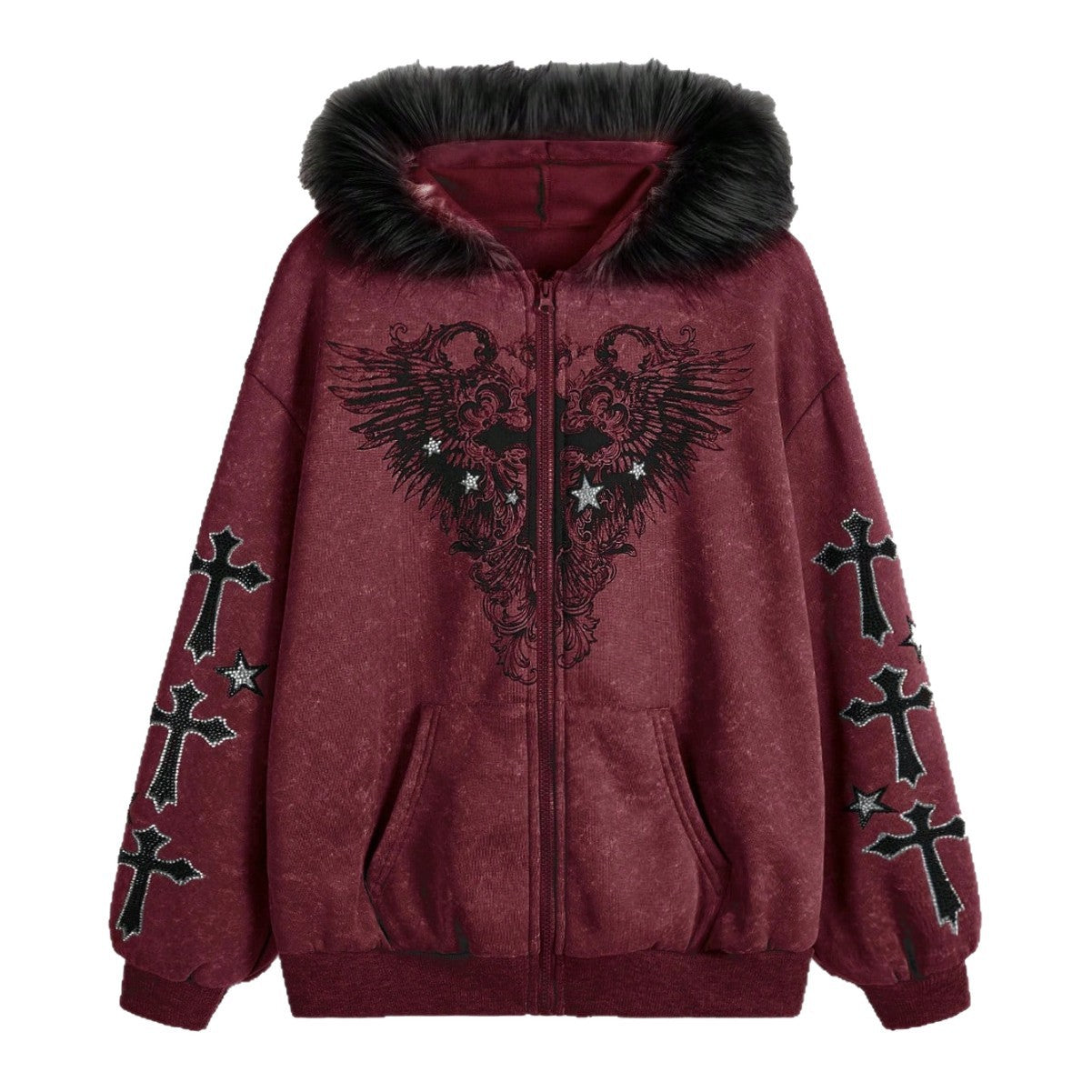 Gothic Cross Wings Printing Fur Collar Sweaters
