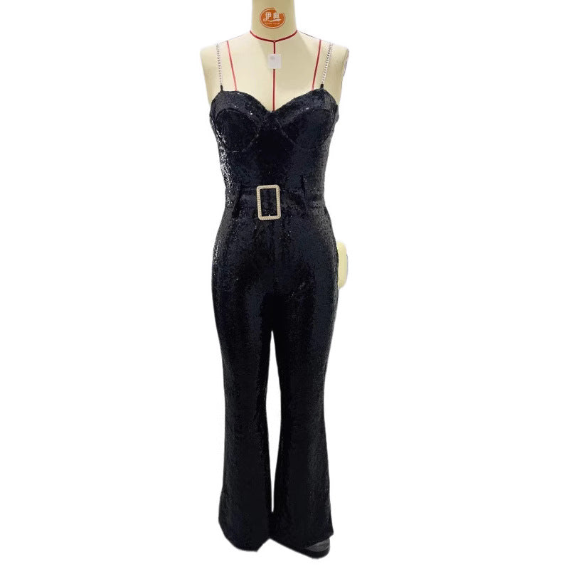Women's Fashion Sexy Chain Belt Sequined Backless Jumpsuits