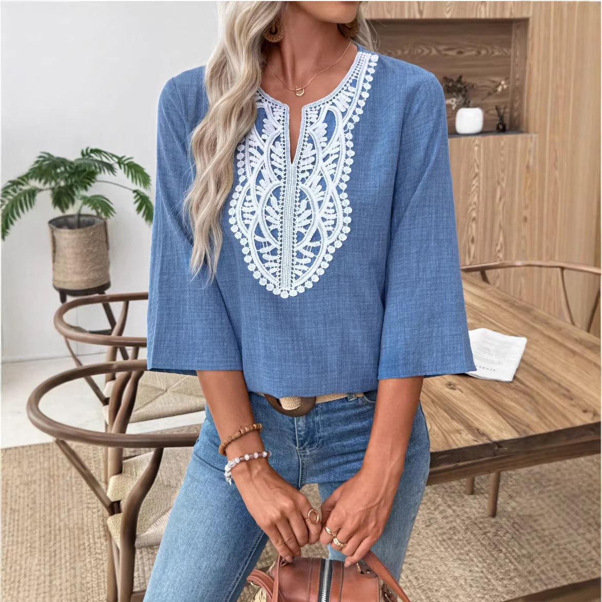 Women's Loose Solid Color Lace Stitching Sleeve Women's T-shirt