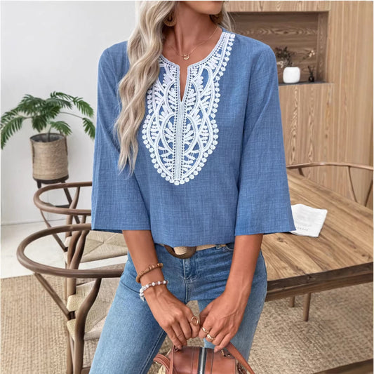 Women's Loose Solid Color Lace Stitching Sleeve Women's T-shirt