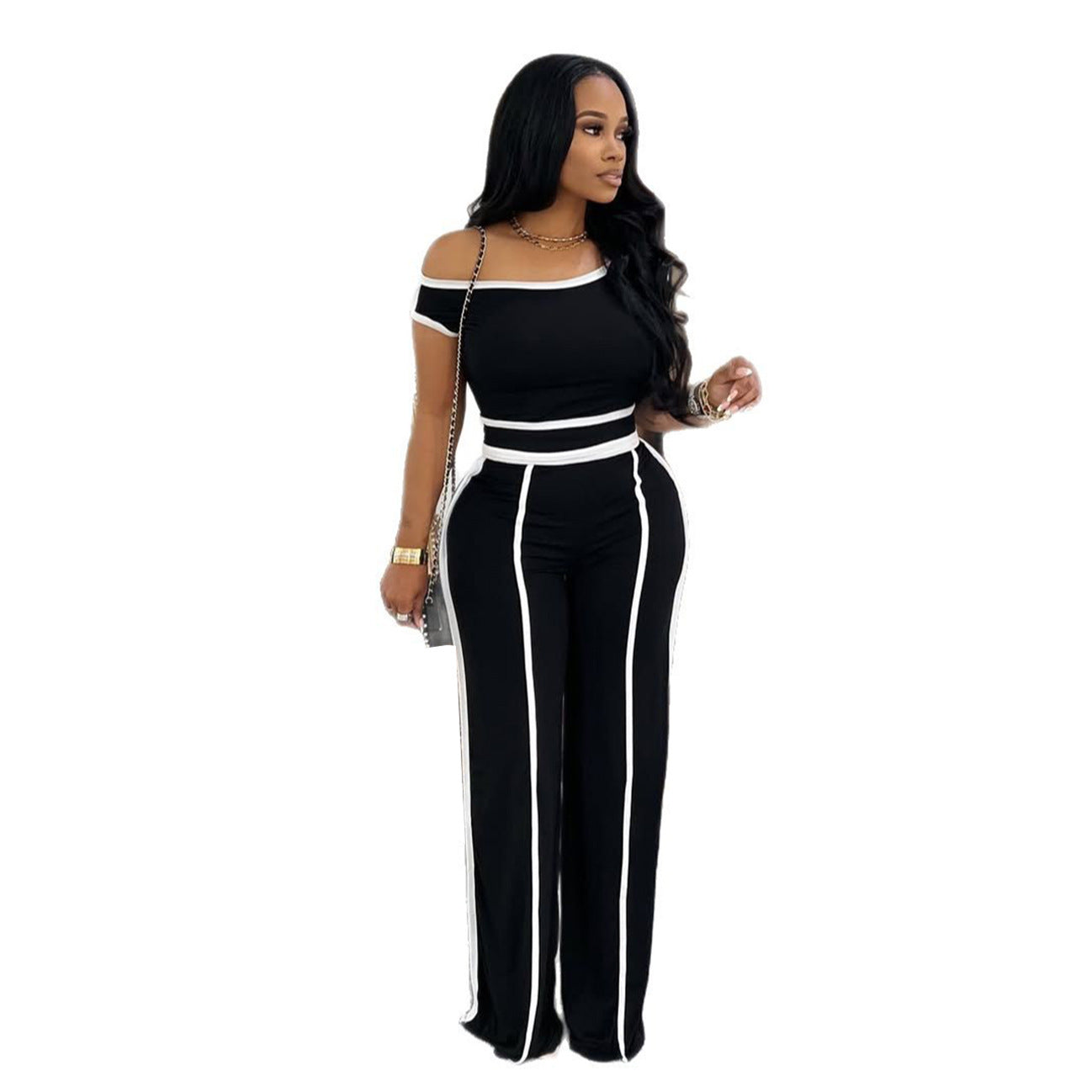 Color Slant Shoulder Wide Leg Two-piece Suits