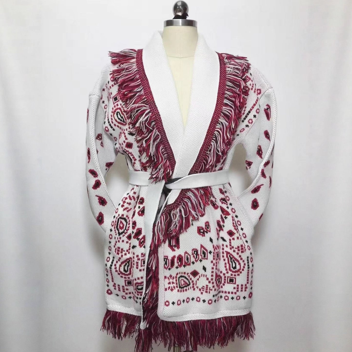 Women's Thick Tassel Jacquard Mid-length Loose Color Matching Sweaters