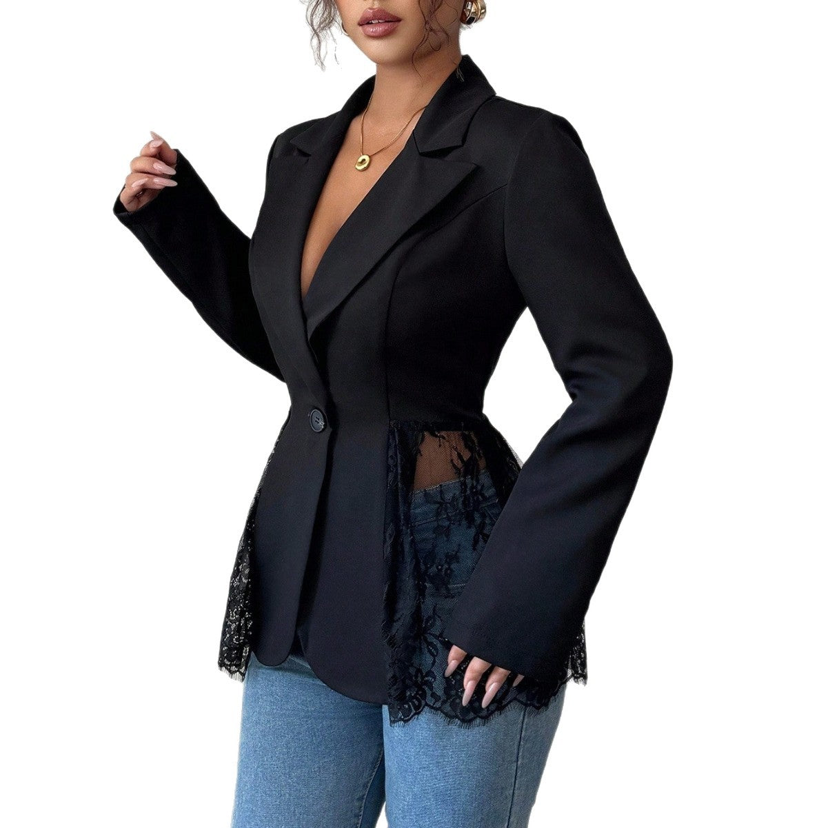 Women's Contrast Color Lace Waist Slim Fit Suits