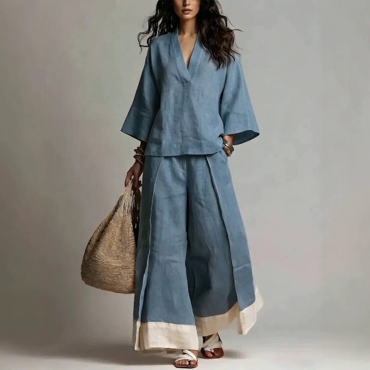 Women's Linen French Style Sleeve Shirt Wide Leg Fashion Casual Suit