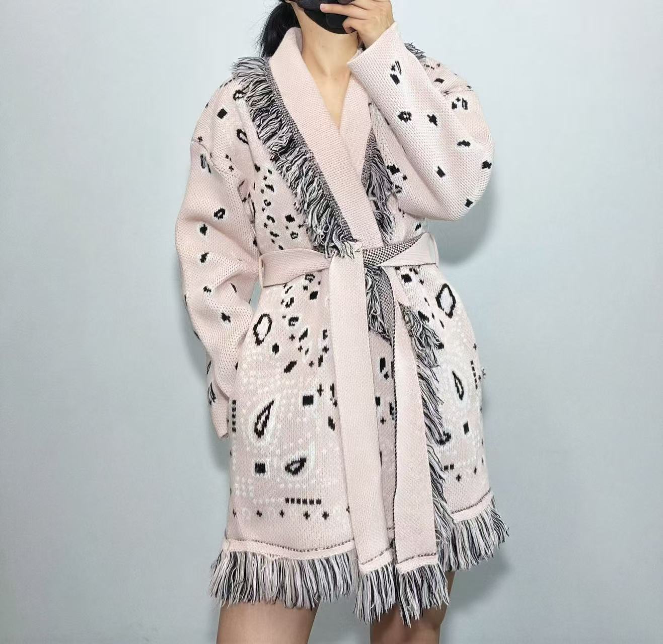 Women's Thick Tassel Jacquard Mid-length Loose Color Matching Sweaters