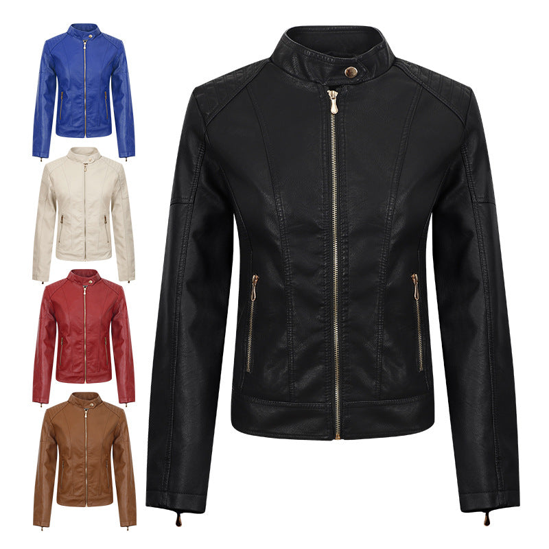 Women's Stand Collar Leather Motorcycle Veet Slim Jackets