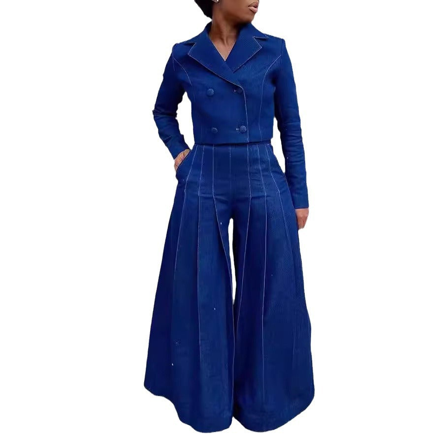 Women's Business Fashion Denim Collar Wide Leg Suits