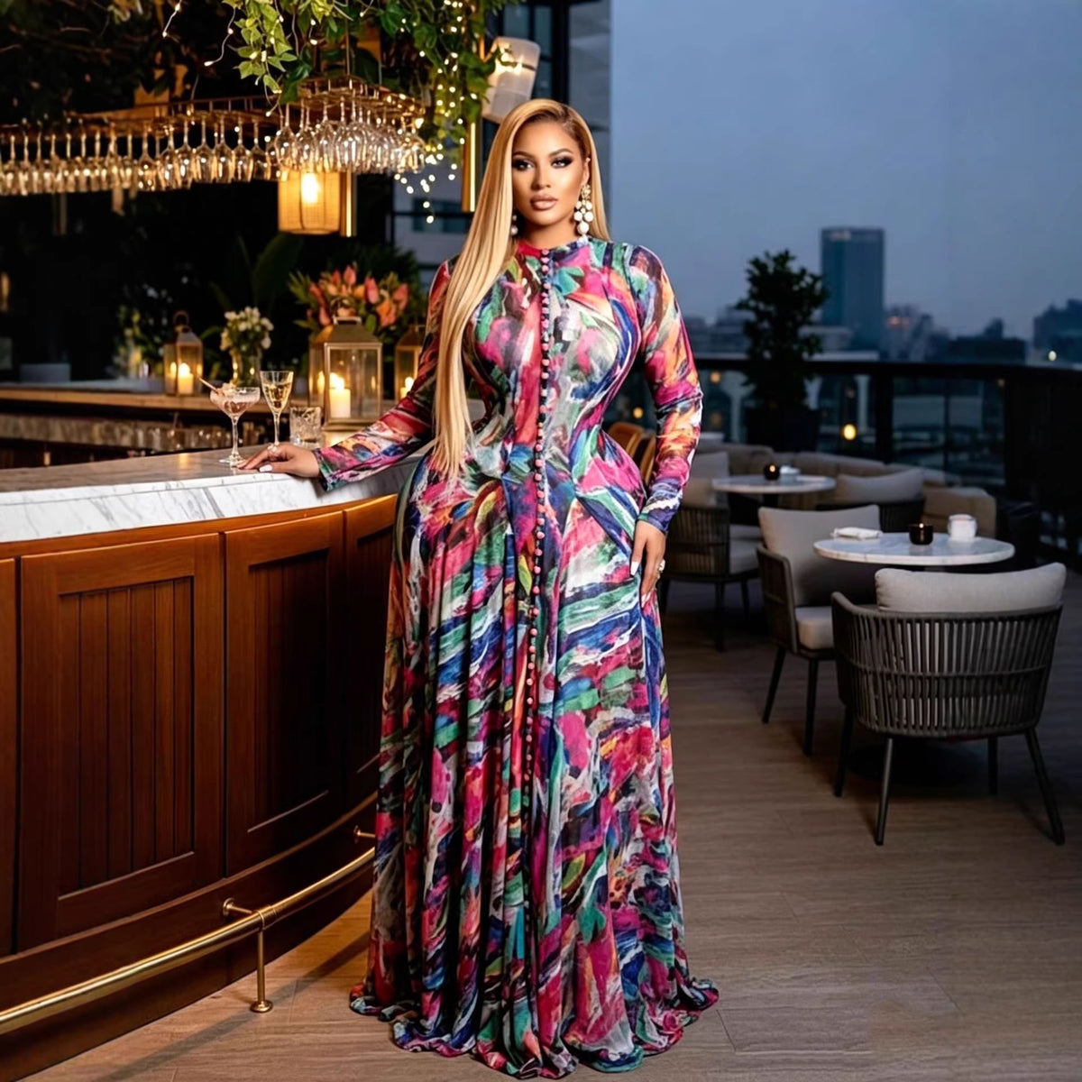 Women's African Temperament Printed Large Swing Round Neck Long Sleeve Waist Dress
