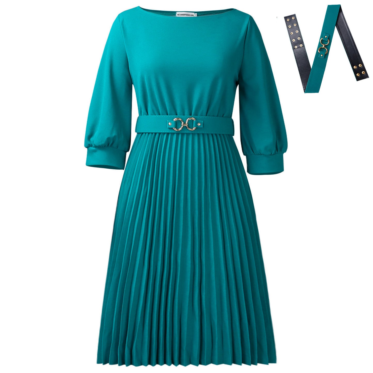 Women's Graceful Fashionable Elegant Round Neck Sleeves Pleated Dress