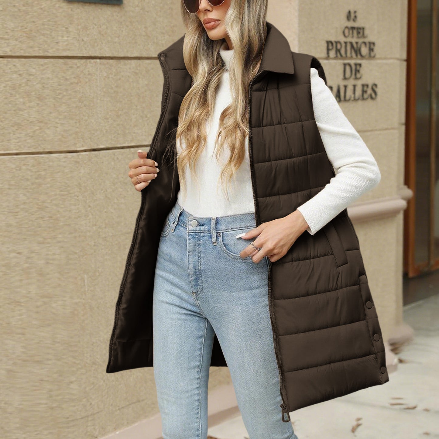 Women's Solid Color Zipper Pocket Cotton Mid-length Coats