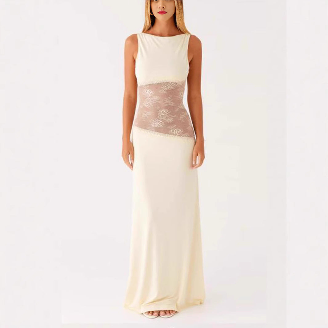 Lace Satin Stitched Backless Long Slimming Jumpsuits