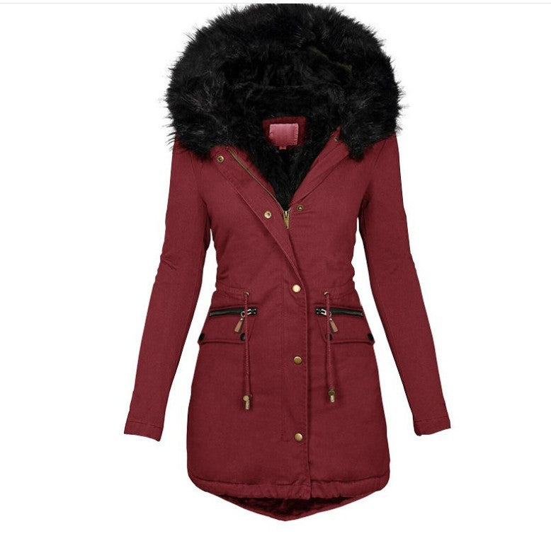 Women's Solid Color Fur Collar Hood Mid-length Coats