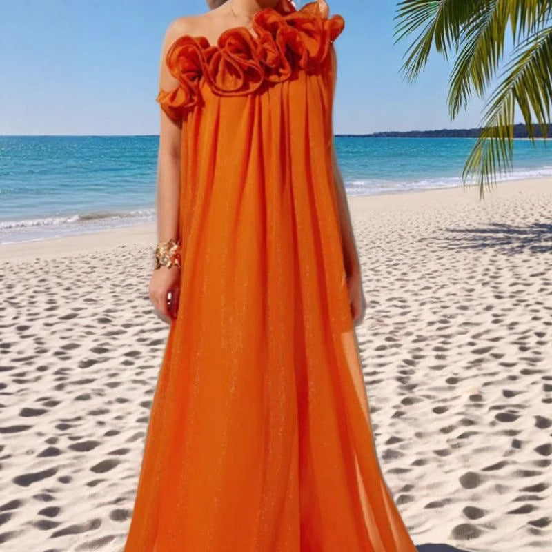 Women's Solid Color Three-dimensional Embossed Strapless Sloping Dresses