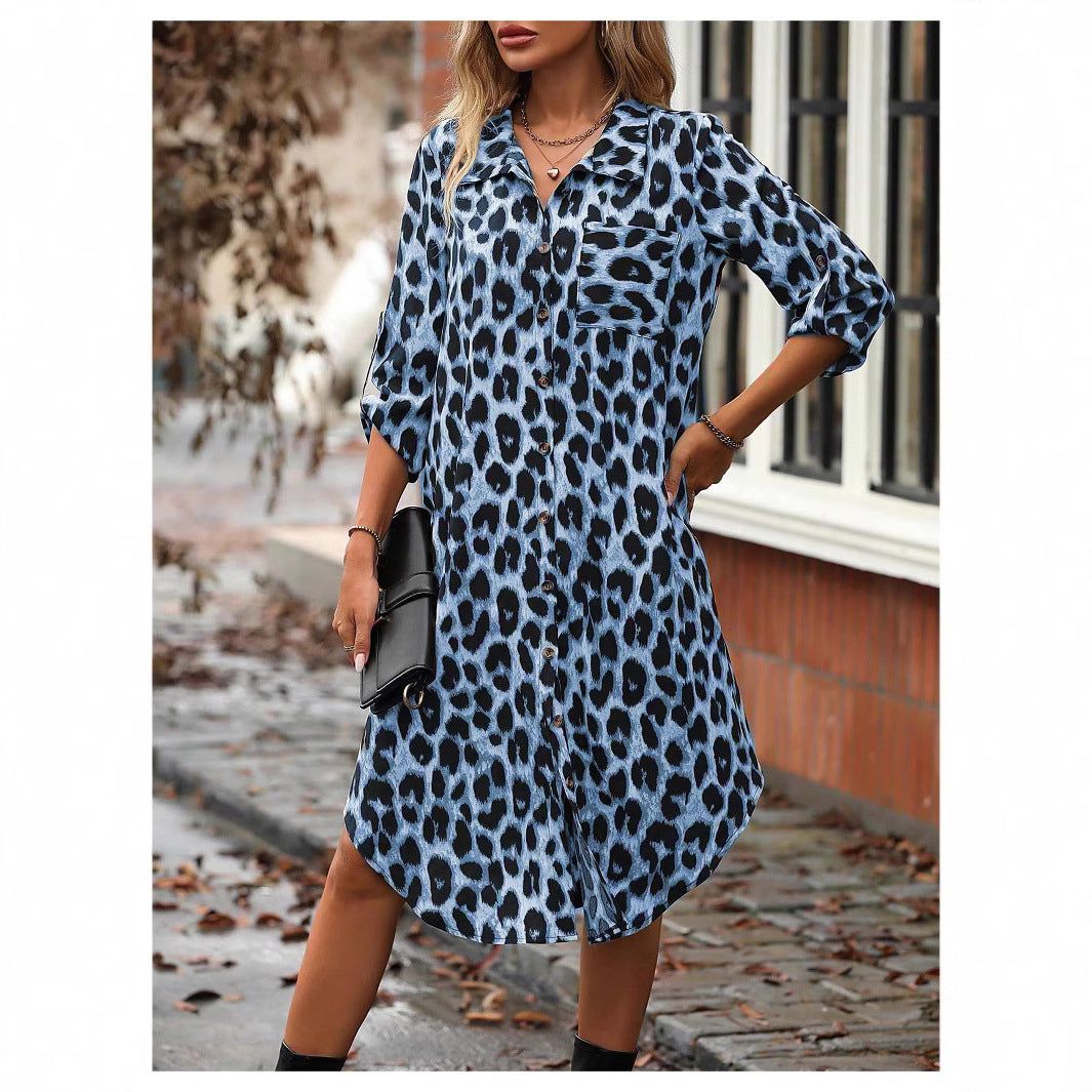 Women's Leopard Print Sleeve Shirt Woven Loose Fashion Dress