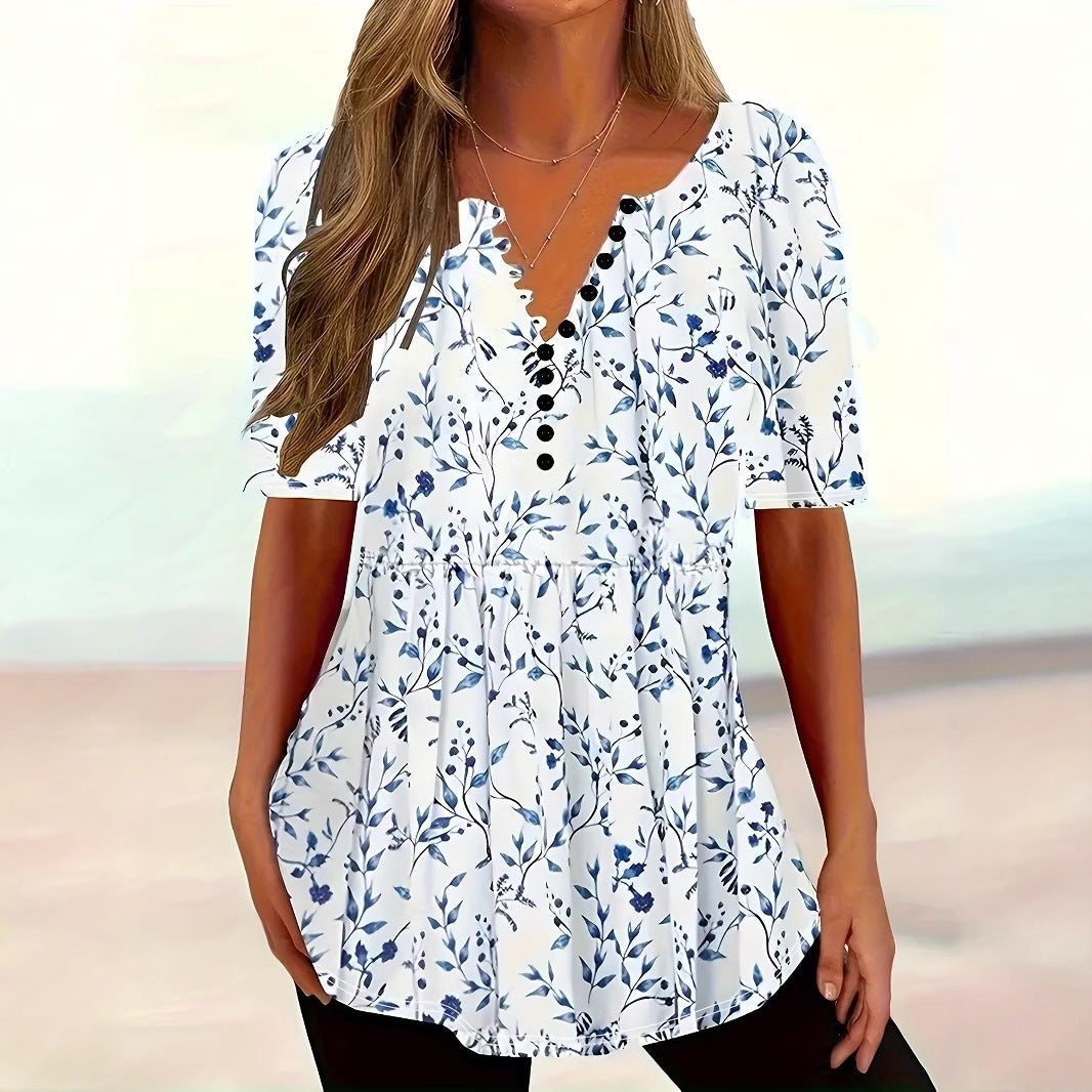 Women's Summer Collar Button Sleeve Casual Printed Shorts