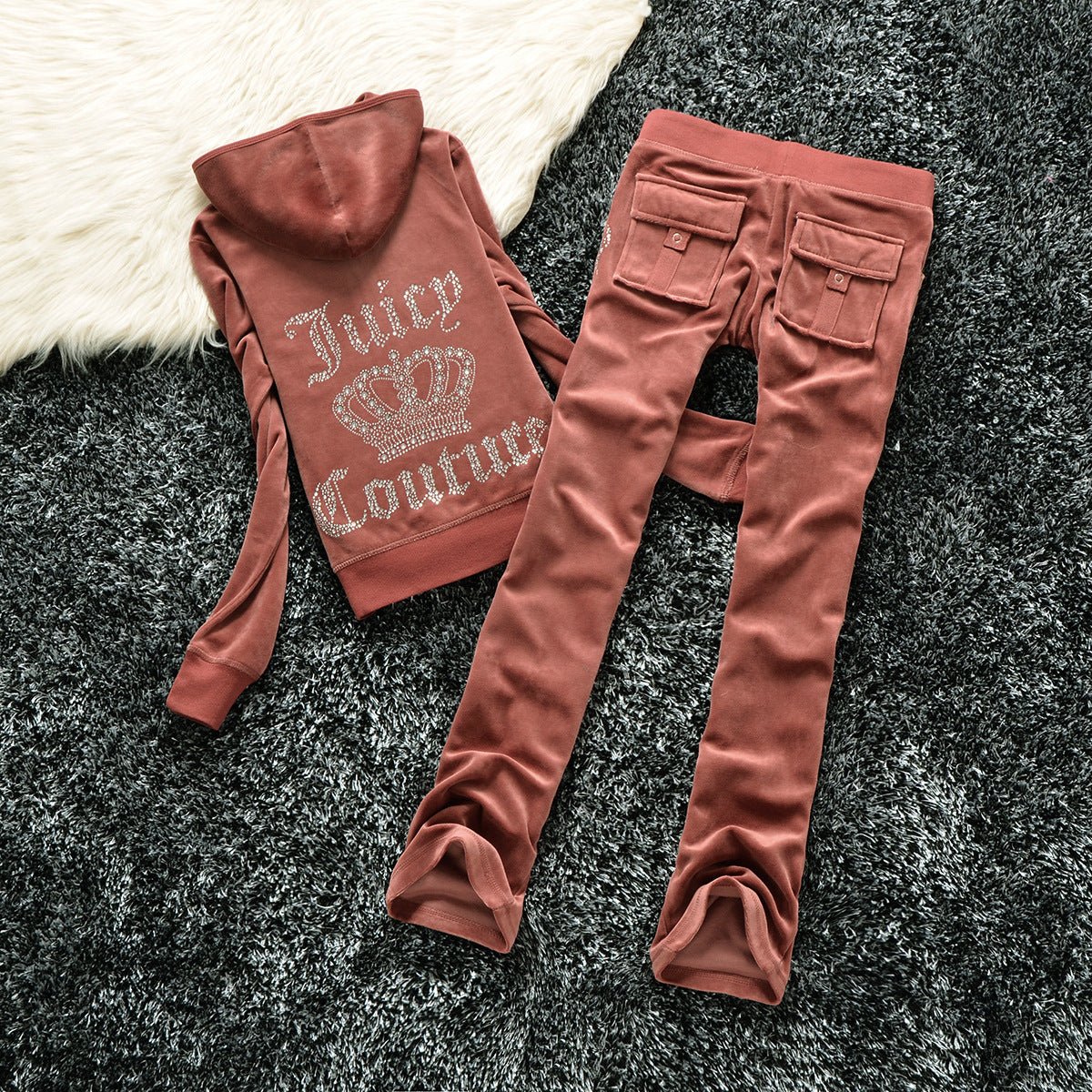Women's Silk Veet Crown Hot Drilling Lettered Casual Sports Suits
